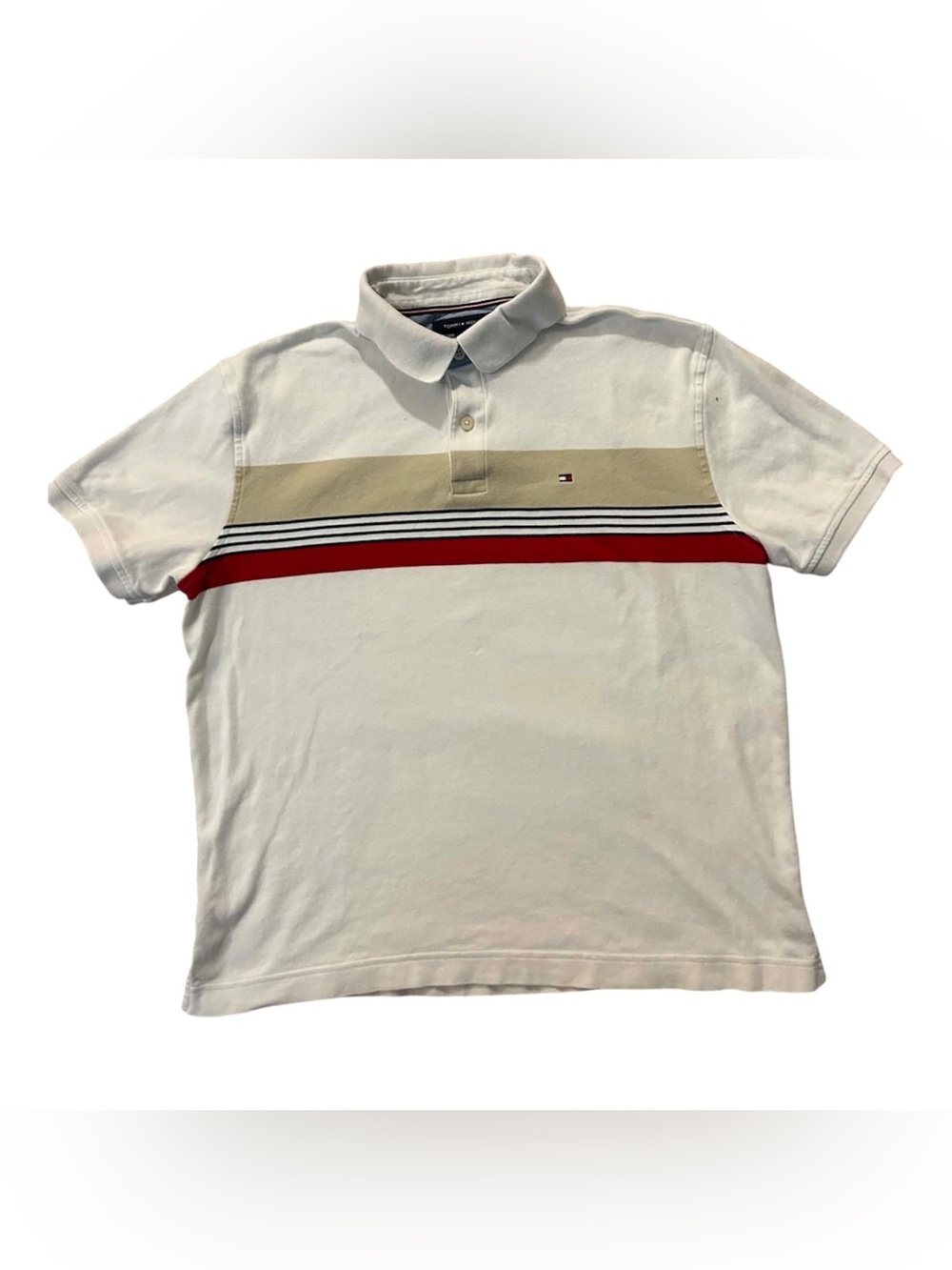 Tommy Hilfiger White Polo with Red and Beige Stripe